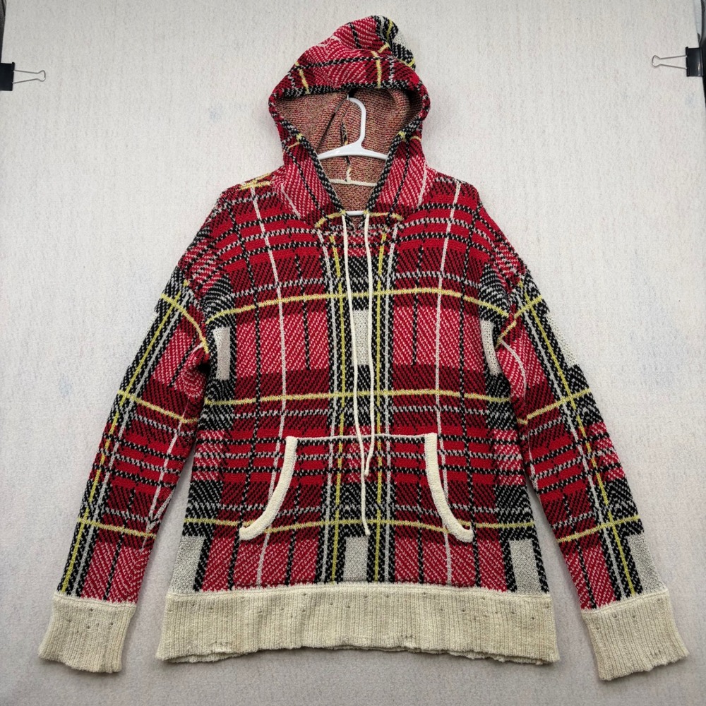 Womens Red Plaid Knit Hoodie Cotton Long Sleeve Tartan Sweater Cream Trim